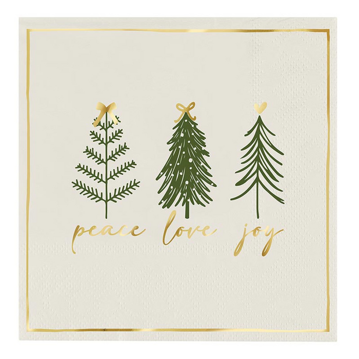 Decorative napkins with Christmas trees and 'peace love joy' text on a white background