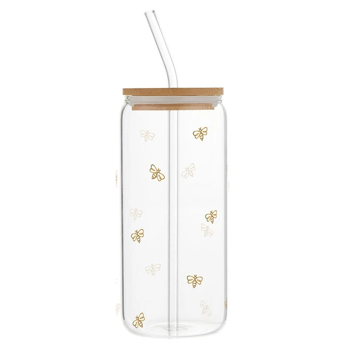 glass tumbler with gold bee accents