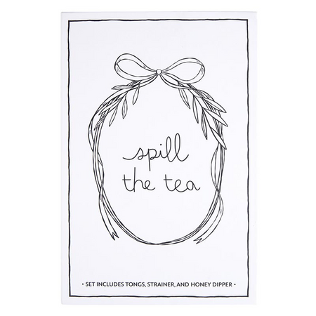 Tea set with 'spill the tea' text and decorative elements on a white background