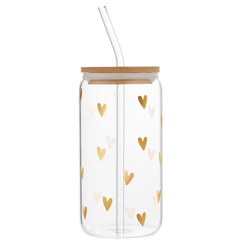 Clear tumbler with gold heart pattern, bamboo lid, and straw on a white background
