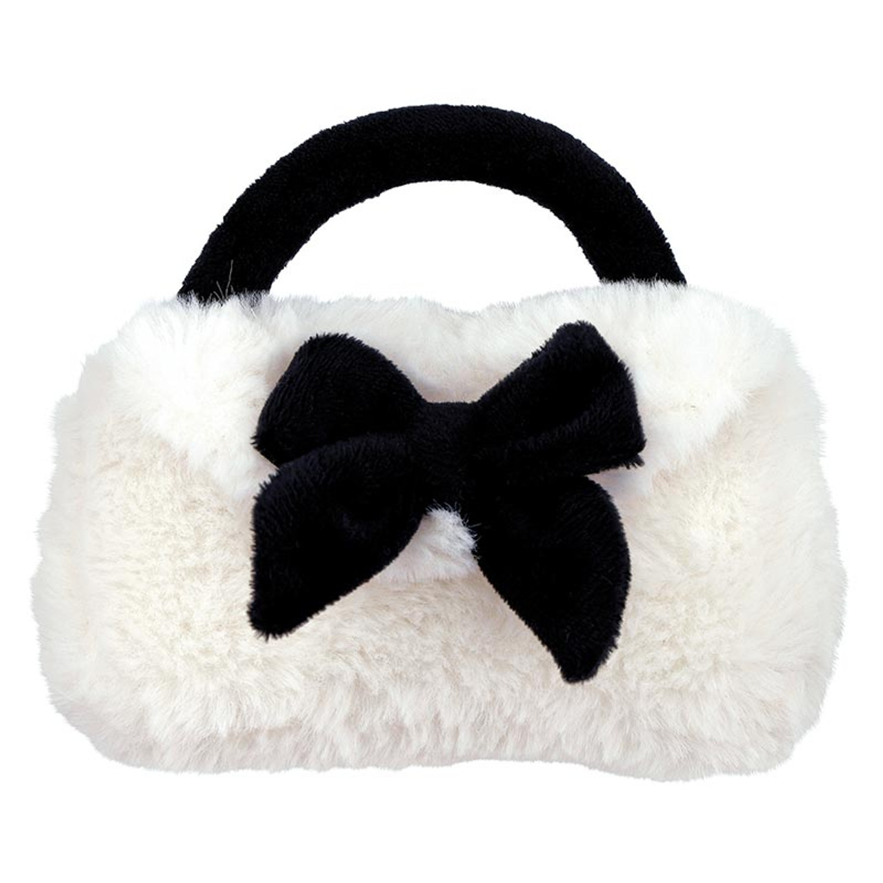 White furry handbag baby rattle with a black bow on a white background