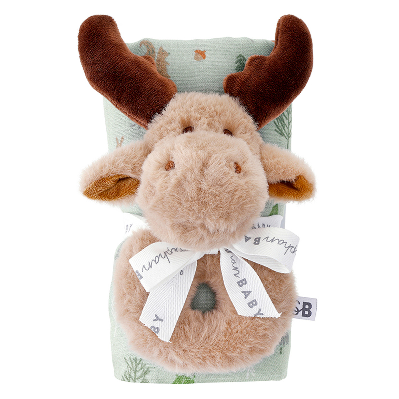Plush moose toy with a green blanket on a white background