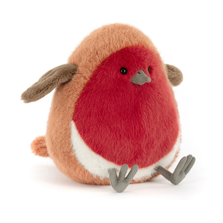 Plush toy resembling a red robin on a white background