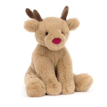 Plush reindeer toy with a red nose on a white background