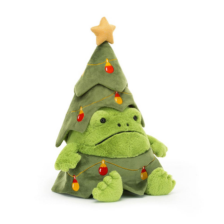 Plush toy frog dressed as a Christmas tree with lights and a star on a white background