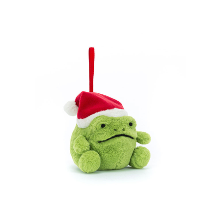 Green plush frog ornament with a red Santa hat on a white background
