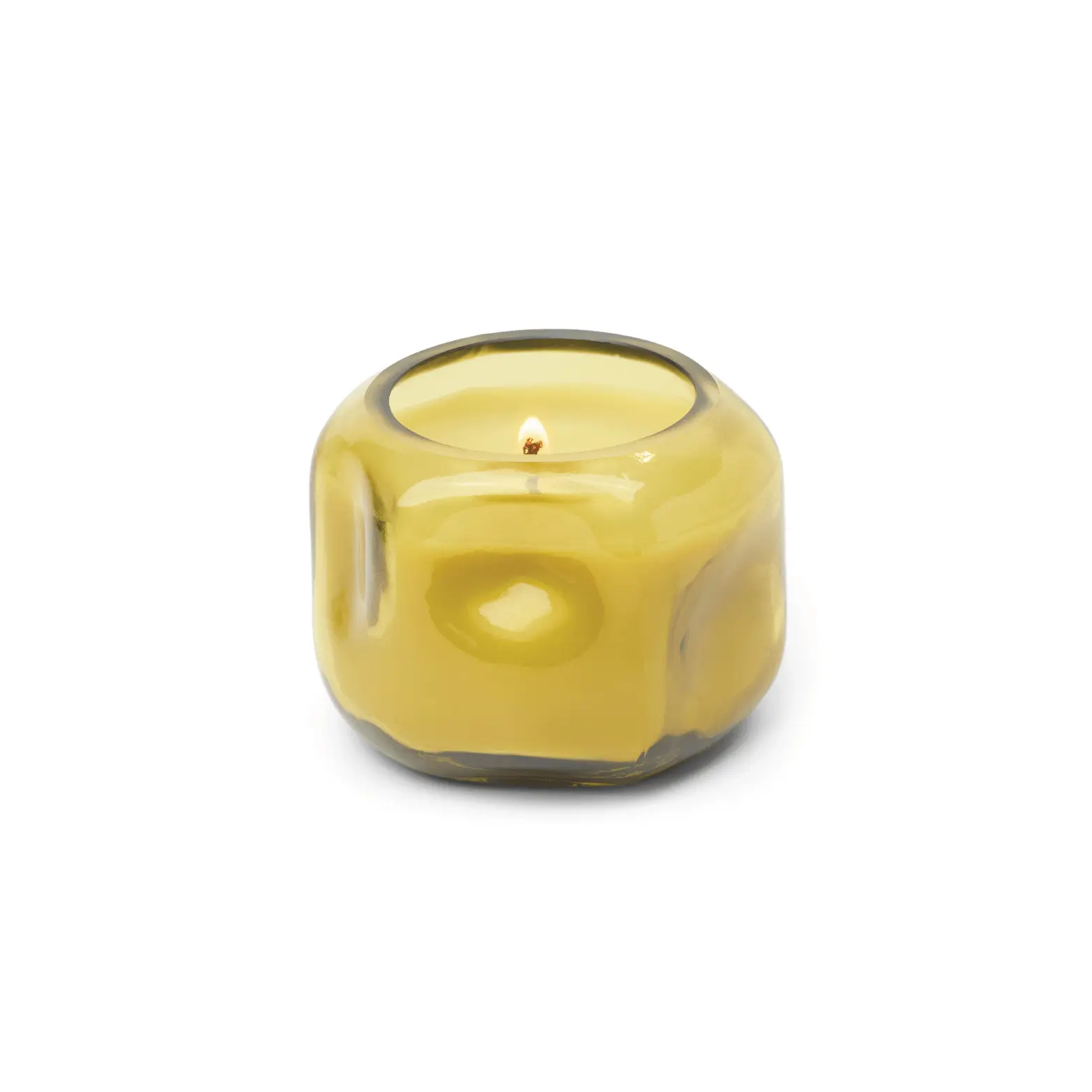 Yellow candle in a glass container on a white background