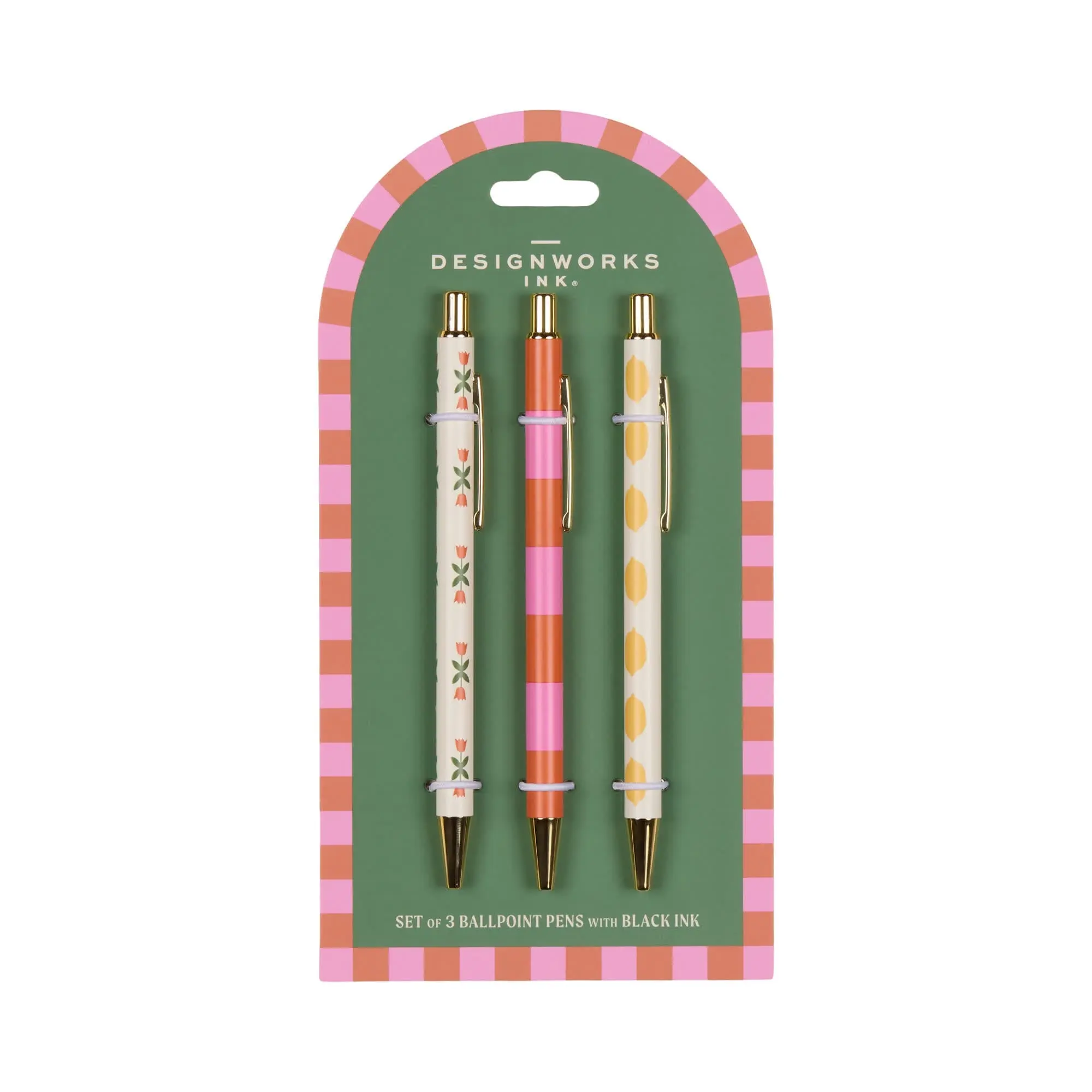 Set of three ballpoint pens with decorative designs in packaging on a white background