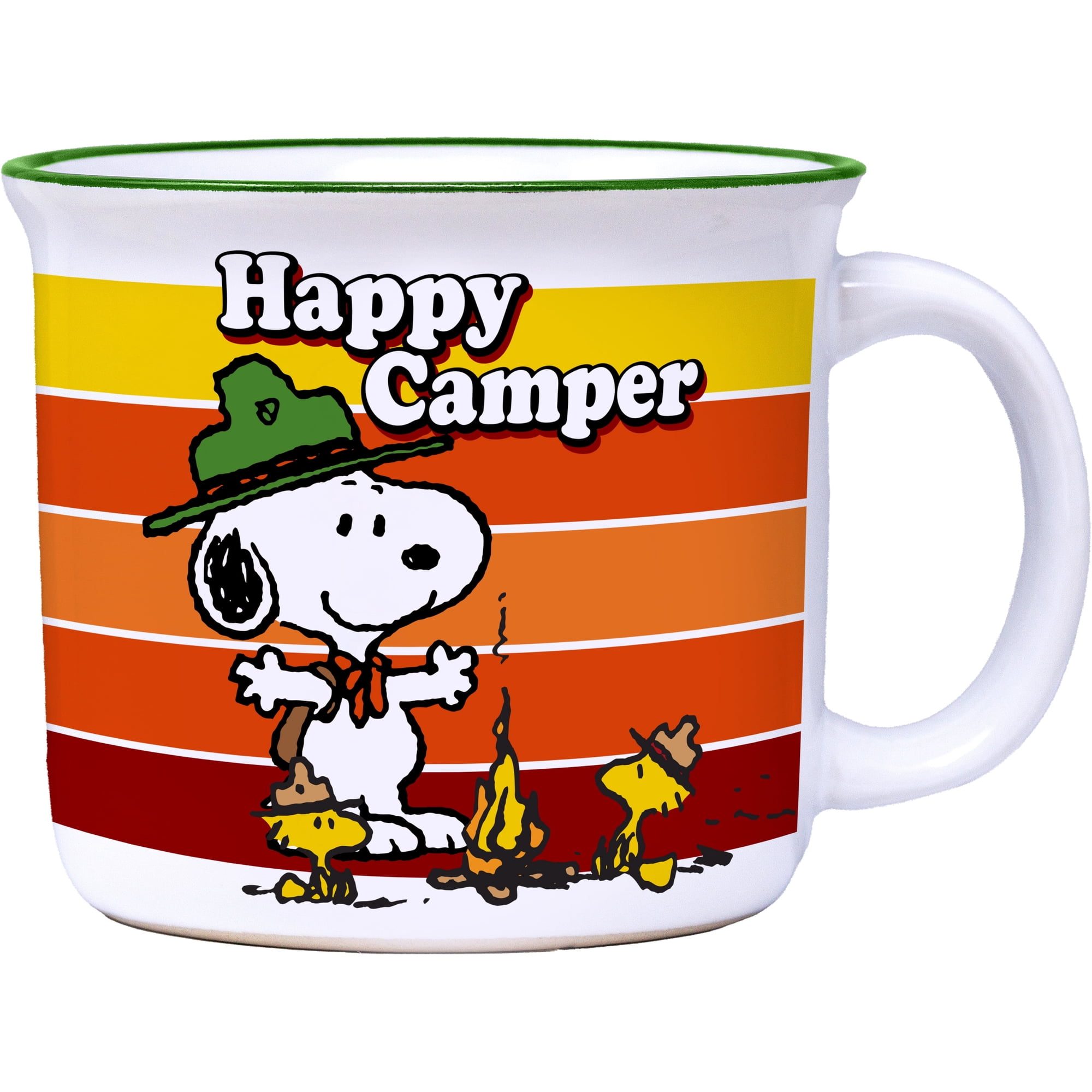 A white ceramic mug featuring a retro sunset-striped design with Snoopy and Woodstock camping, and the text 'Happy Camper' in white with black outlines.