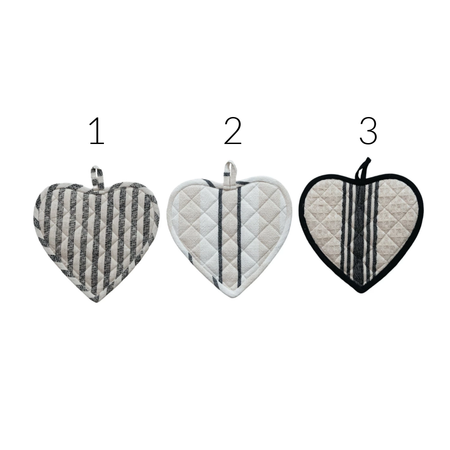 black and white heart pot holders on white bakground