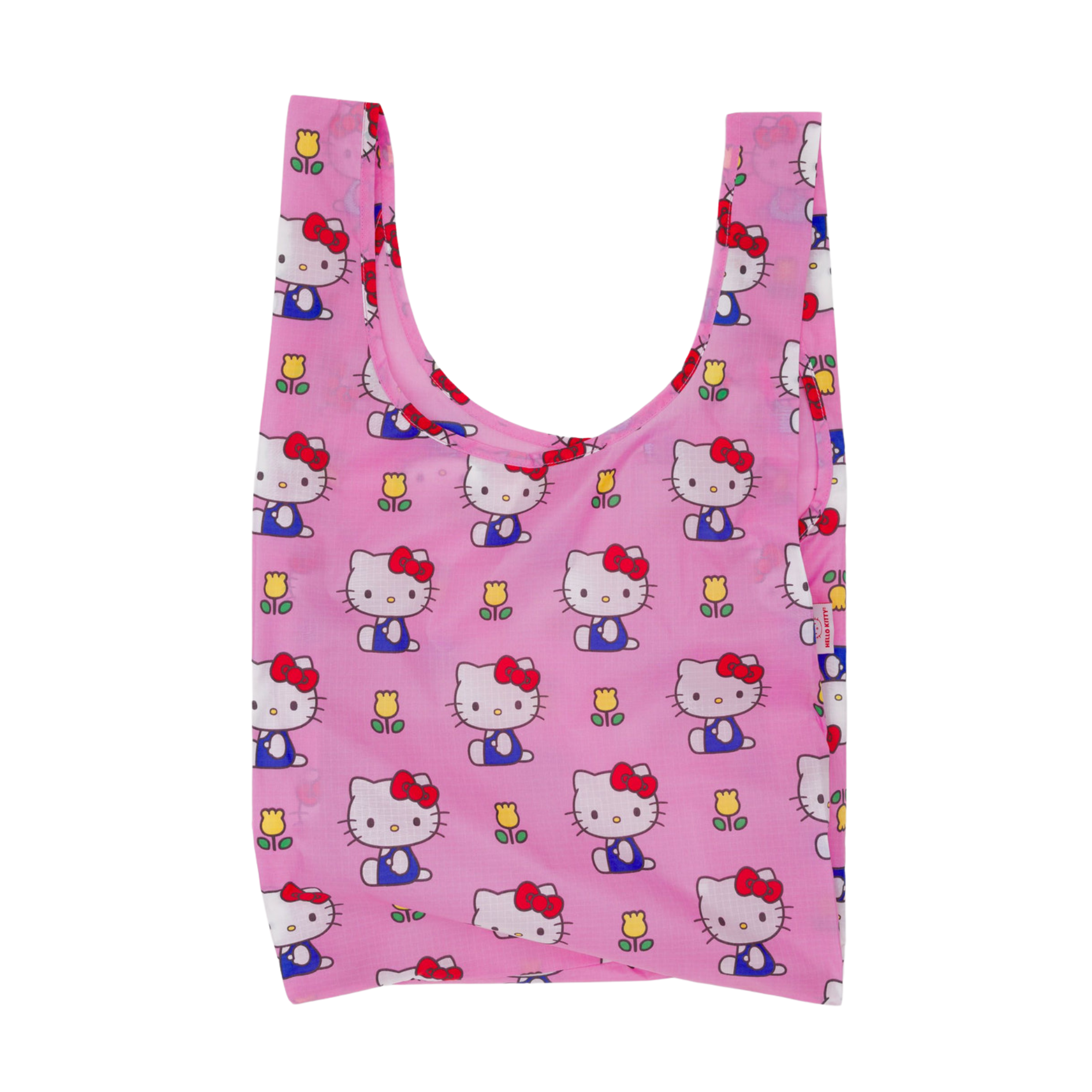 Pink reusable bag with Hello Kitty pattern on a white background