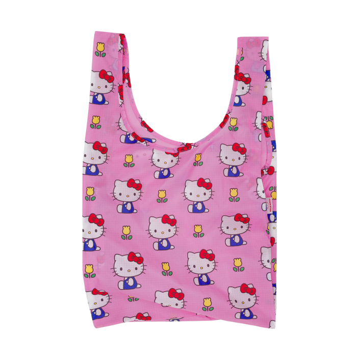 Pink reusable bag with Hello Kitty pattern on a white background