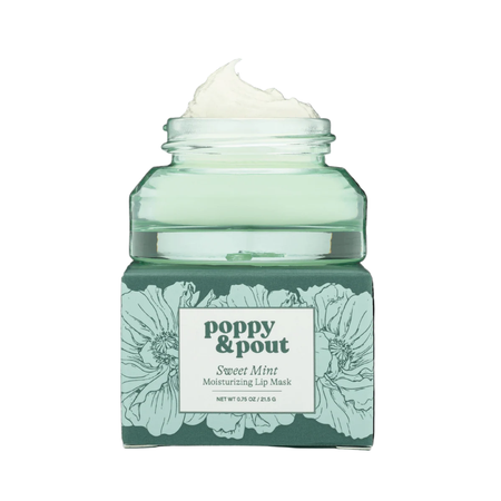 Green jar of Poppy & Pout Sweet Mint Moisturizing Lip Mask on a white background