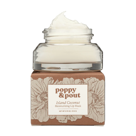 Lip mask jar with 'poppy & pout' branding on a white background