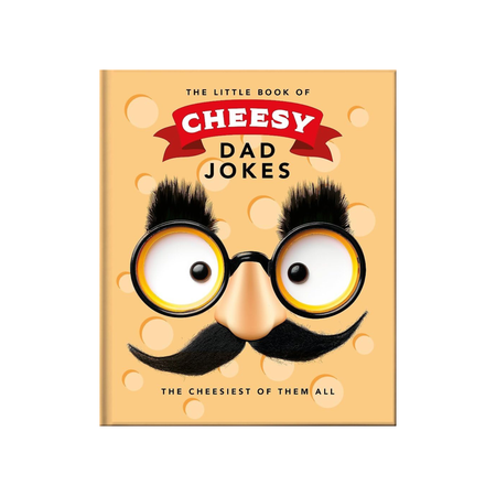 Book cover of 'The Little Book of Cheesy Dad Jokes' with a cartoon face and cheese design.