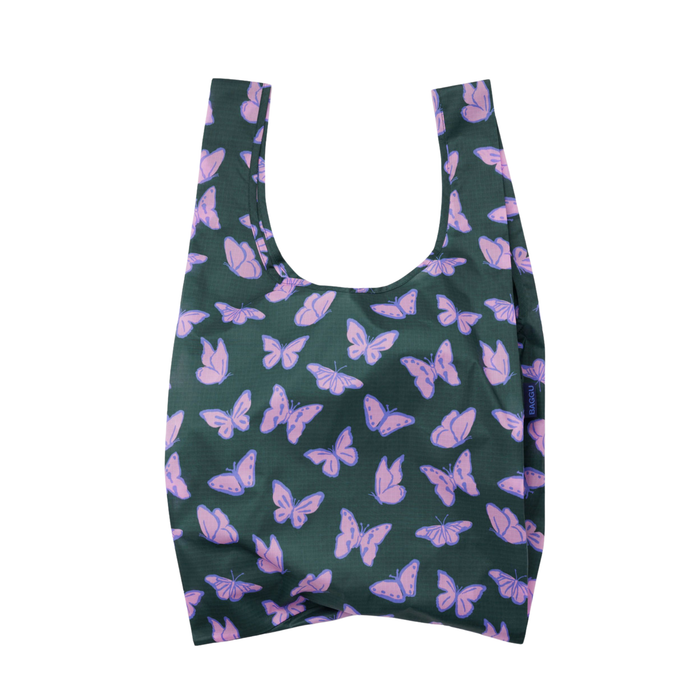 Reusable bag with purple butterfly pattern on a green background
