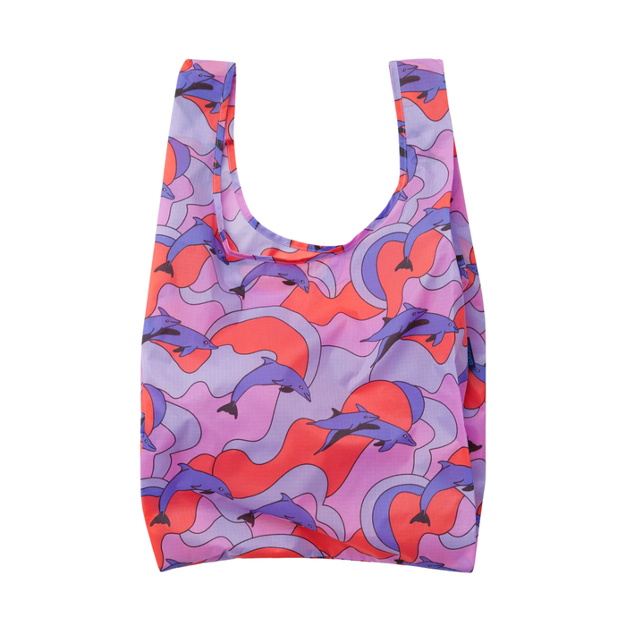 Reusable shopping bag with dolphin pattern on a white background