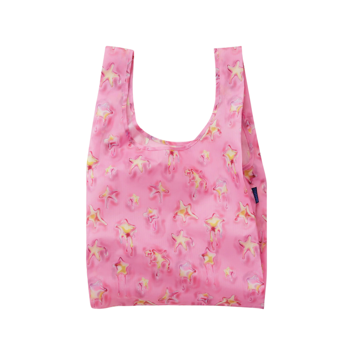Pink reusable bag with star pattern on a white background