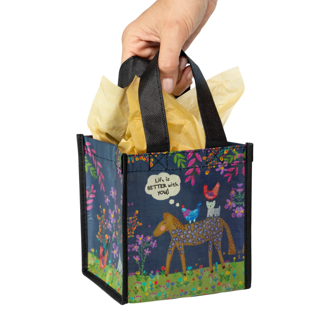 Mini reusable gift bag featuring a horse, two chickens, and a dog. It says "Life is Better with you!" 