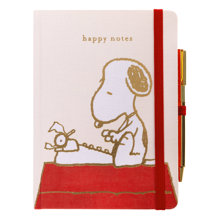 red white and gold jounal picturing snoopy writing on a typewriter. says happy notes