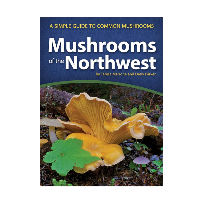 Book cover of 'Mushrooms of the Northwest' with mushrooms and foliage on a blue background