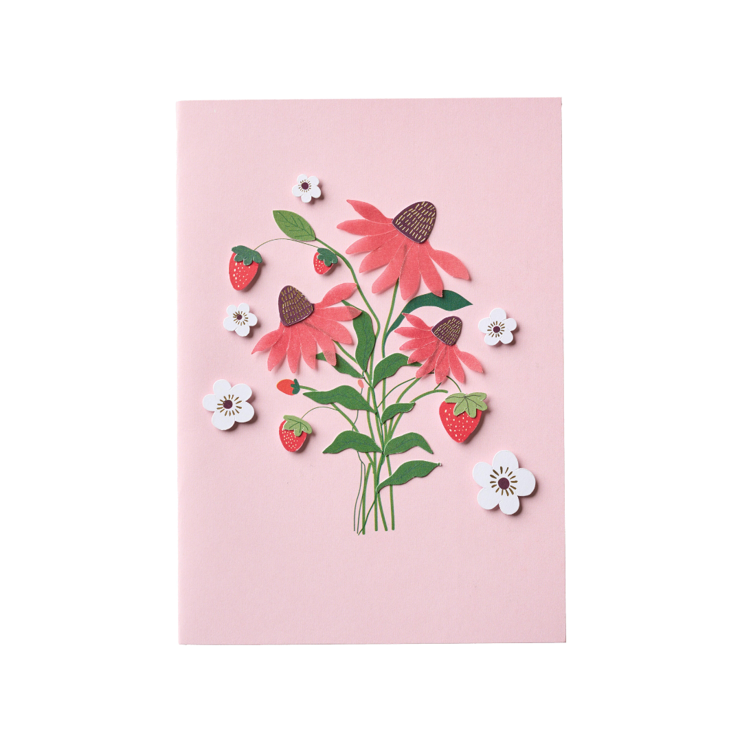 Card with pink flowers, green leaves, and strawberries on a pink background