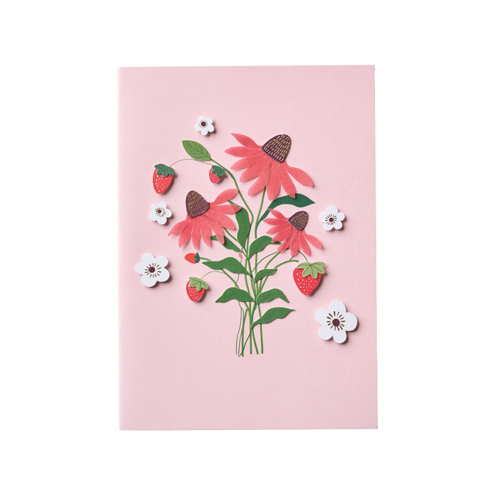 Card with pink flowers, green leaves, and strawberries on a pink background