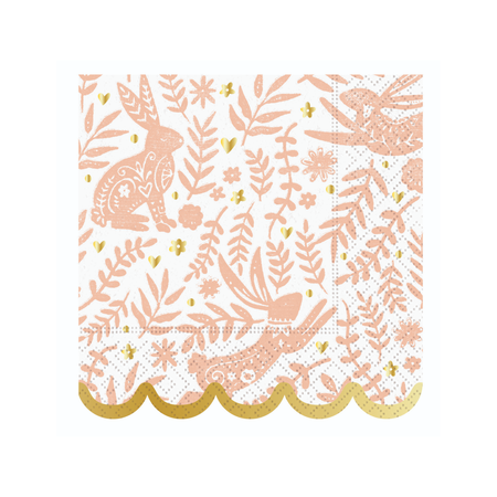 Decorative napkin with pink floral and bunny pattern on a white background