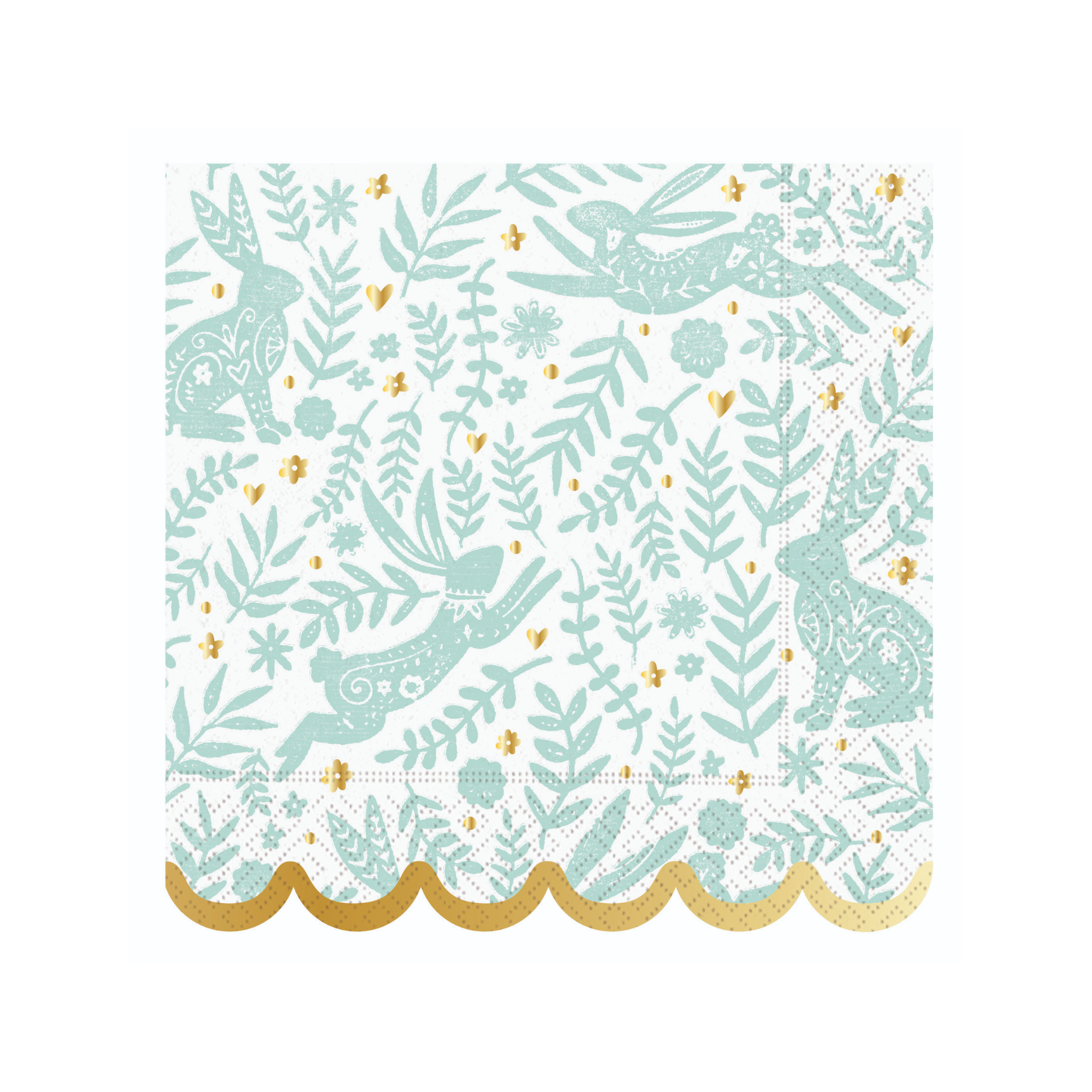 Patterned paper napkins with rabbits, leaves, and flowers on a white background