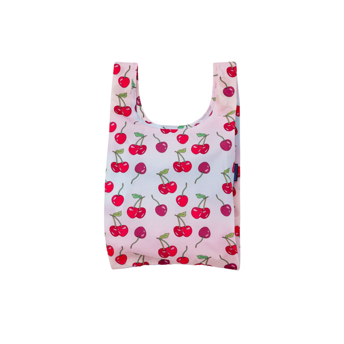 Reusable shopping bag with cherry pattern on a white background