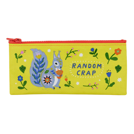Yellow pencil case with a squirrel design and 'Random Crap' text on a white background