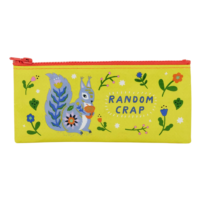 Yellow pencil case with a squirrel design and 'Random Crap' text on a white background