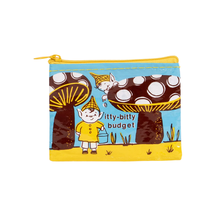 Coin purse with cartoon design of a gnome and mushrooms on a white background