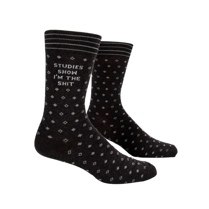 Black socks with text and pattern on a white background