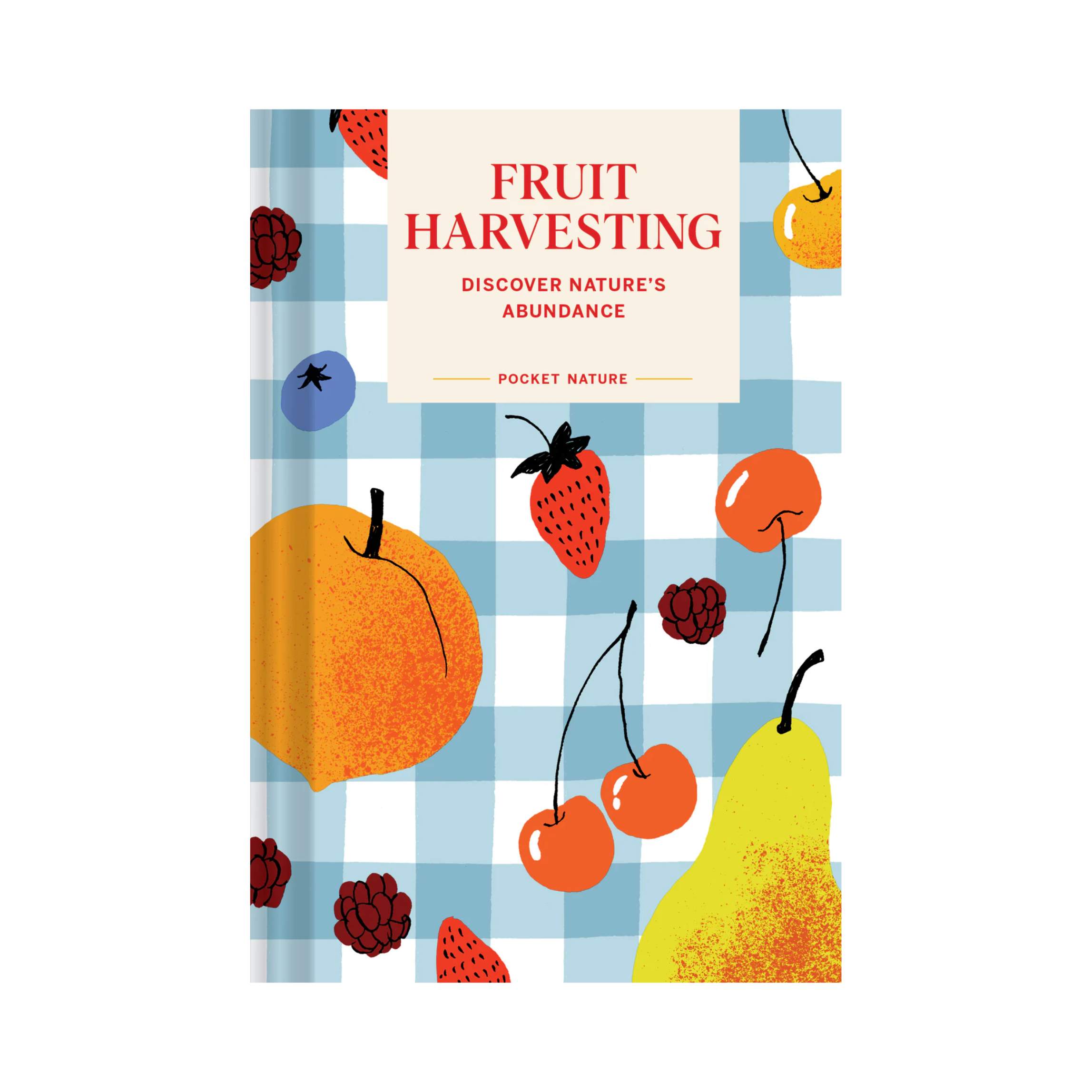 Pocket nature book called Fruit Harvesting with picnic background and fruit illustrations