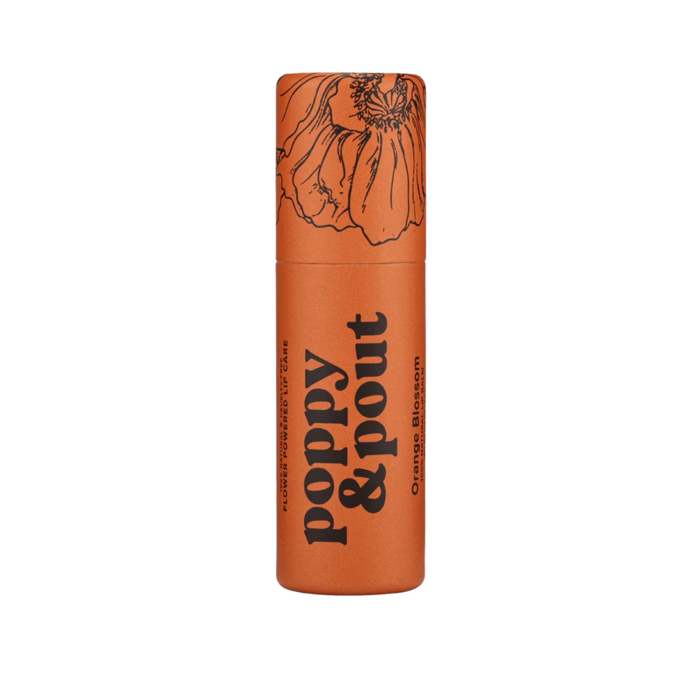 Lip balm container with floral design and 'Poppy & Pout' branding on a white background