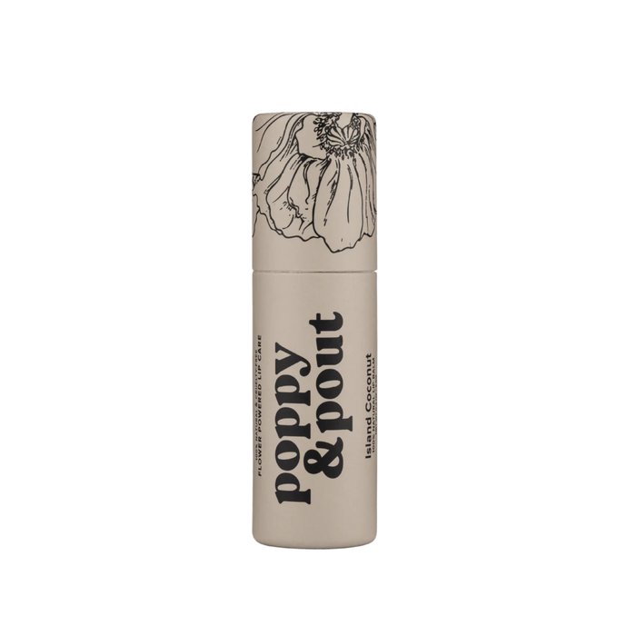 Lip balm with 'Poppy & Pout' branding on a white background