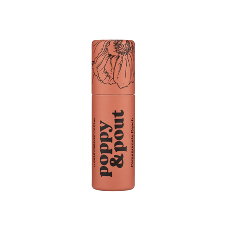 Lip balm with floral design and 'Poppy & Pout' branding on a white background