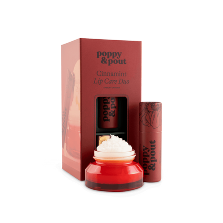 Poppy & Pout lip care products including a jar and tube on a white background