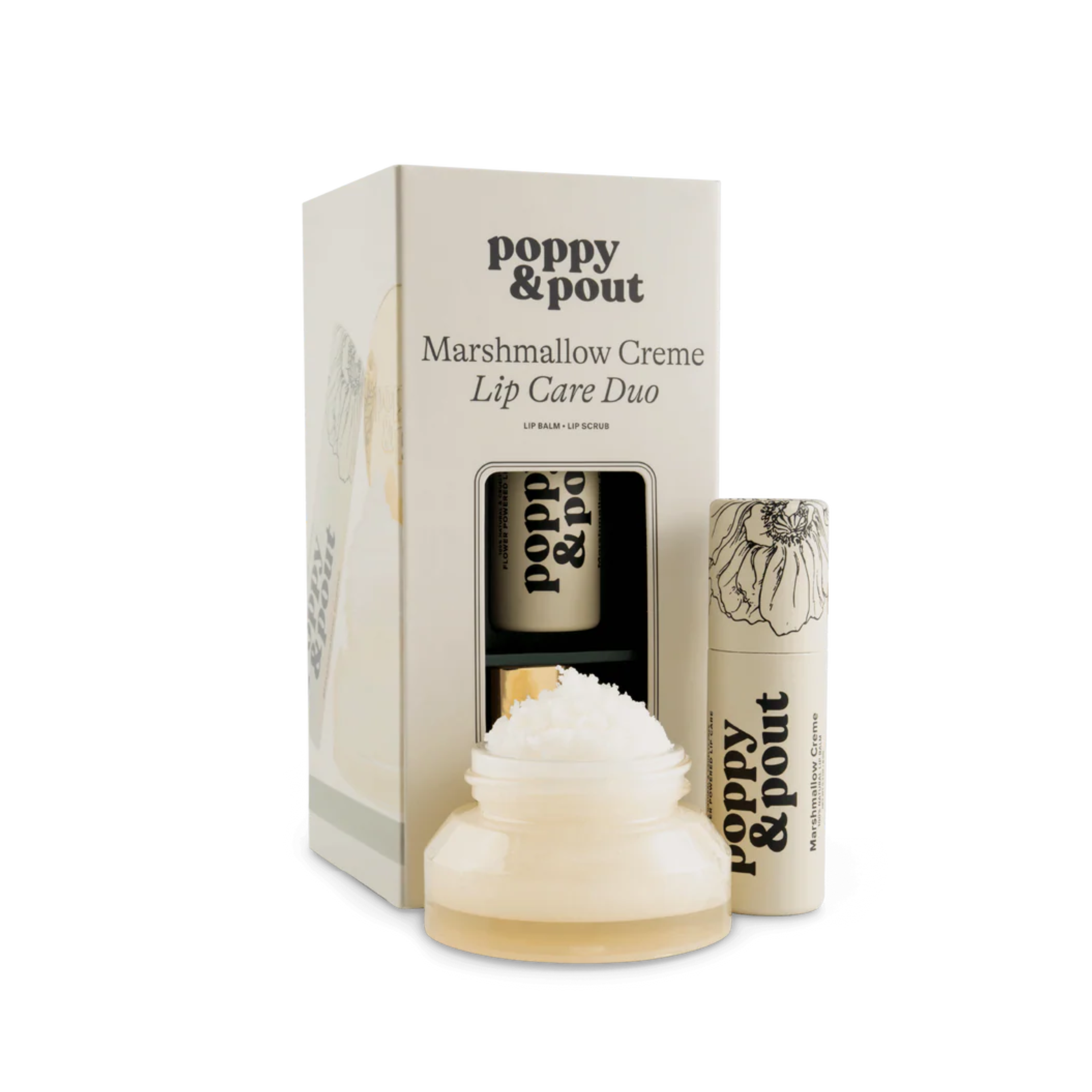 Poppy & Pout Marshmallow Creme Lip Care Duo with packaging on a white background