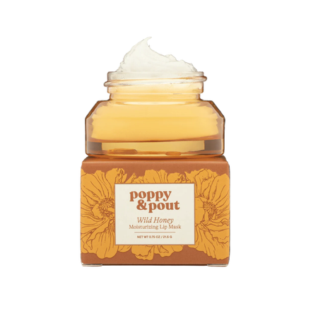 Jar of lip mask with 'poppy & pout' branding on a white background