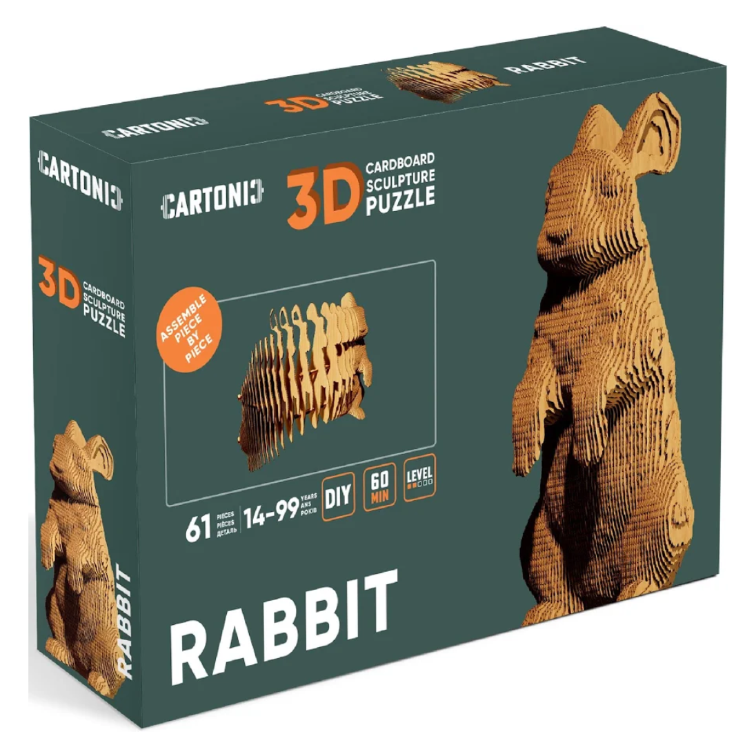 Box of Cartonio 3D cardboard sculpture puzzle featuring a rabbit design.