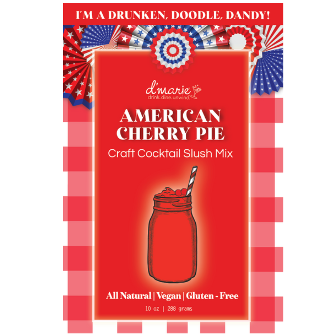 Red package of d'marie American Cherry Pie craft cocktail slush mix with patriotic design elements.