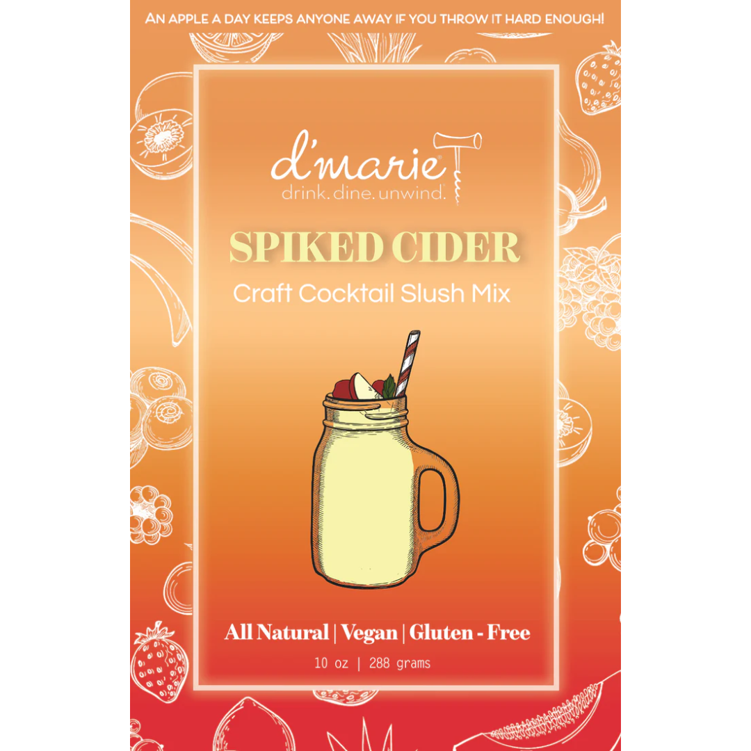 Spiked cider mix package with illustration of a mason jar cocktail on an orange background