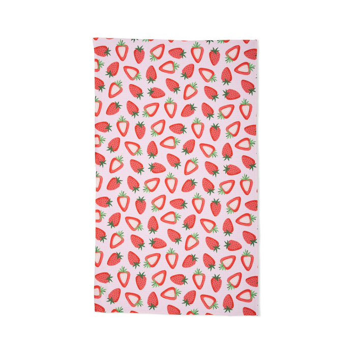 Towel with strawberry pattern on a white background