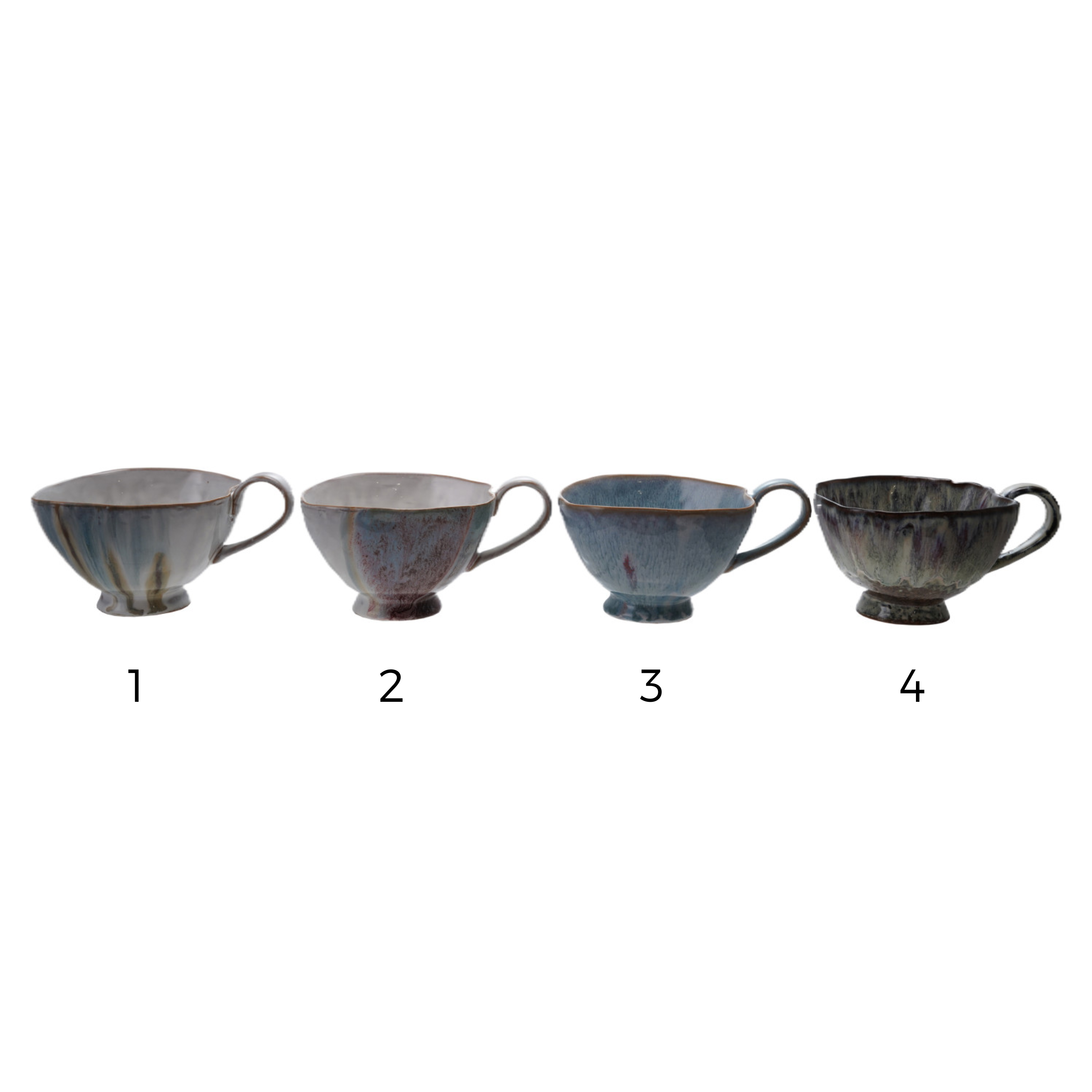 Four ceramic cups with a textured finish on a white background