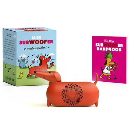 Red mini subwoofer with packaging and handbook on a white background