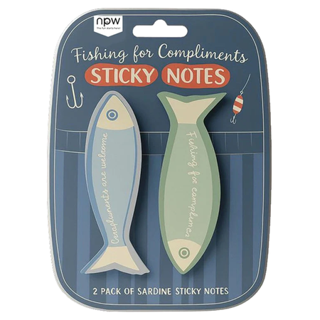 Packaging of sardine-shaped sticky notes with fishing theme on a blue background