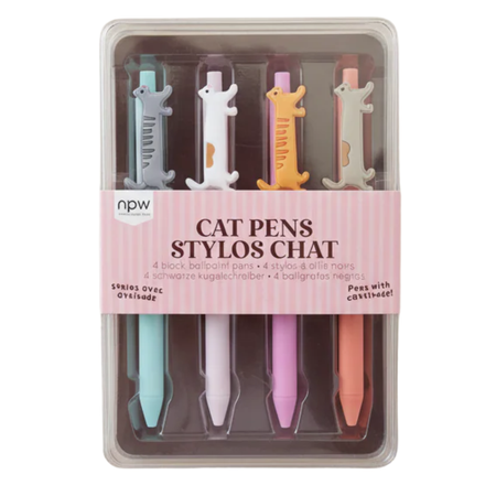Set of four colorful pens with cat-shaped tips in a clear packaging