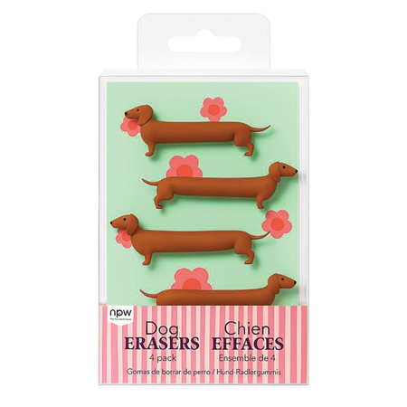 Pack of dog-shaped erasers with a light green background and pink flowers, featuring the brand 'npw'.